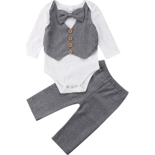 2 Pieces Newborn Baby Boy Clothes Sets Gentleman Clothing Bow Tie Shirt Tops Romper+Pants Party Formal Set