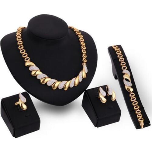 New African Jewelry Sets Gold Trendy Necklace Earrings Bracelet Ring Women Gold Color Jewelry Set Wedding Accessories