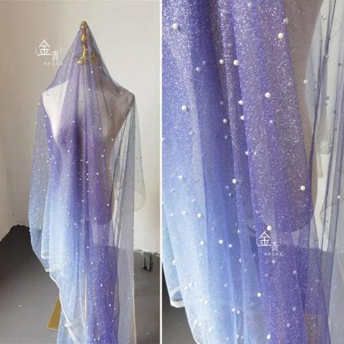 Beaded Lace Tulle Fabric Sprinkling Gold Blue Gradient DIY Stage Clothes Decor Skirt Wedding Dress Designer Fabric 50*160cm