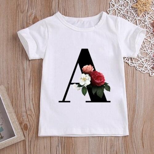 Summer New T-shirt Fashion A-Z Alphabet Girls Tshirts Harajuku Retro Boy Tshirt Flowers Element Nice Round Neck Kids Tshirt