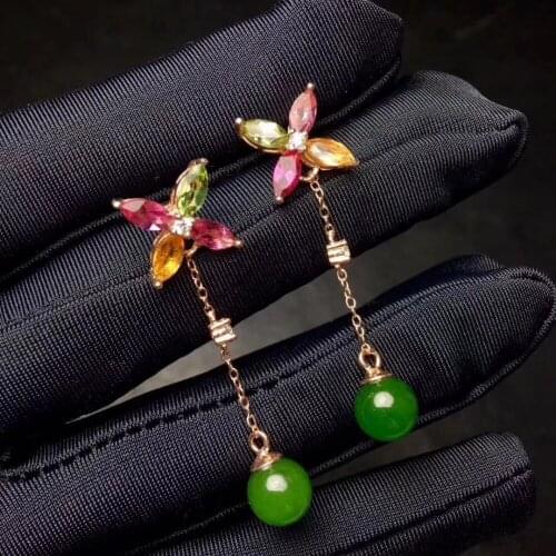 Fashion natural tourmaline drop earrings Natural green jasper earrings Long luxury Lucky Clover 925 silver female party jewelry