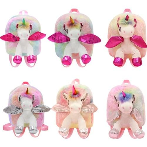 New 2 Colors Cartoon Unicorn Plush Backpack Cute Colorful Unicorn Backpacks with Doll Stuffed Plush Dolls for Girls Bags Soft