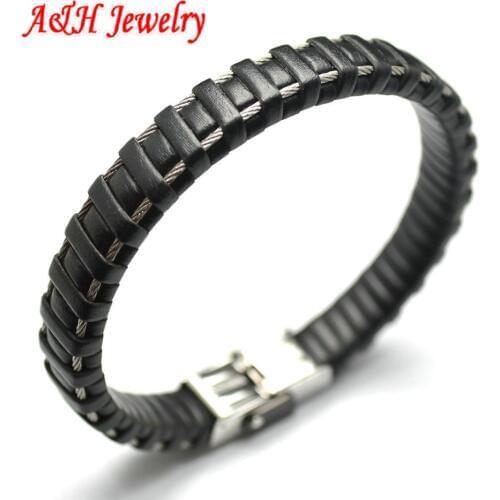 New Design Natural Genuine Black Leather With Stainless Steel Rope Knitted Fashion Men Bracelets