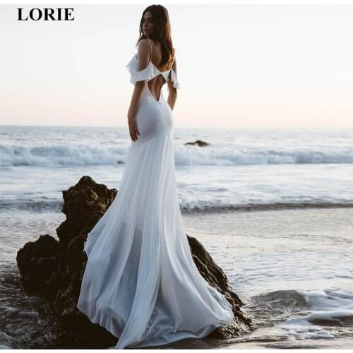 LORIE 2019 Mermaid Wedding Dresses V Neck Spaghetti Straps Backless Beach Wedding Dress Chiffon Long Train vestido de noiva New