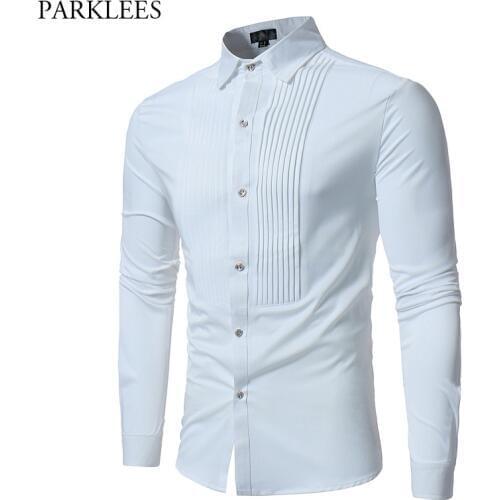 Solid Color Men Shirt Tuxedo Shirts Bridegroom Wedding Shirts Long Sleeve Slim Fit Casual Mens Dress Shirts Camisa Masculina XL