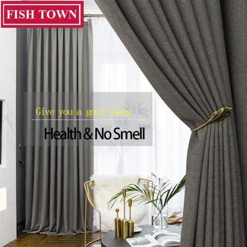 FISH TOWN Faux Linen 70%-85% Shading Custom Made Modern Style Solid Color Blackout Curtain For Living /Bed Room