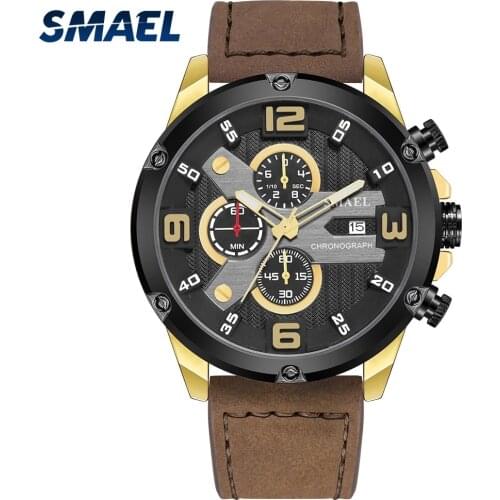 SMAEL Quartz Movement Leather Bracelet Mens Watch Fashionable Sports Style Waterproof Automatic Update Date