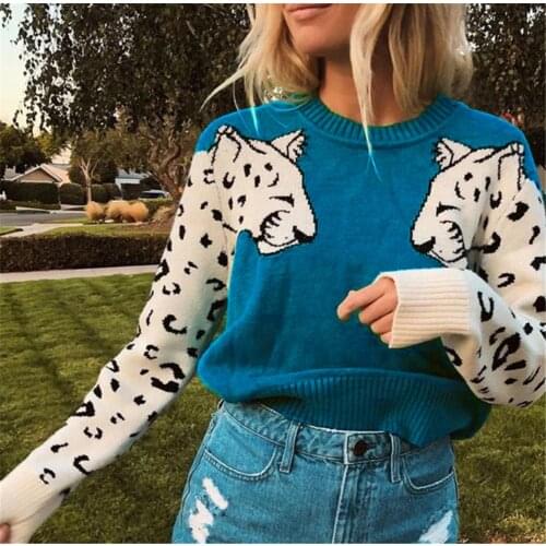 Wimter Warm Womens Sweaters Loose Knitted Long Sleeve Sweater Tops Creative Leopard Ladies Casual Print Loose Jumper Pullover