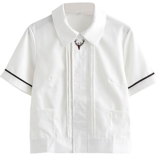 Japanese School Girls lovely Embroidery deer head white short sleeve shirt Front zipper casual Tops JK Cosplay