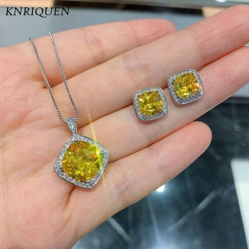 Yellow Topaz Gemstone Stud Earrings Pendant Necklace Vintage 925 Sterling Silver Gemstone Diamond Wedding Jewelry Sets for Women