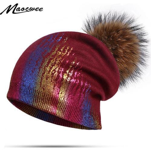 Real Raccoon Fox Fur Pompom Hat For Women Double-Deck Wool Knitting Winter Hats Thick Female Skullies Beanies Ski Cap 2019