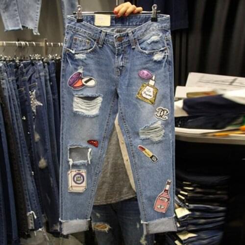 Straight-leg Jeans 2021 Spring and Autumn Womens Ripped Jeans Cartoon Patch Fashion Slimming Jeans Woman Mother Jeans