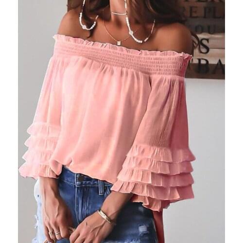 Women Tops Slash Neck Three Quarter Butterfly Sleeve Solid Color Casual Loose 2021 Summer New Tops