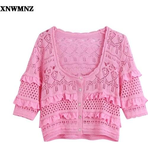 Women ZA Sweet Fashion cutwork embroidery button-up knit cardigan Chic square neck short sleeves ruffle Female cropped cardigan