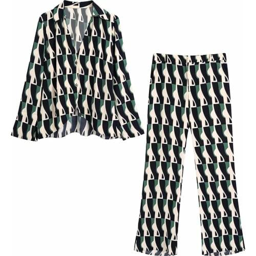 XIKOM 2021 New Summer Women Vintage Two-Piece Set Print V-Neck Long Sleeve Shirt Female Elastic High Waist Casual Pants Set