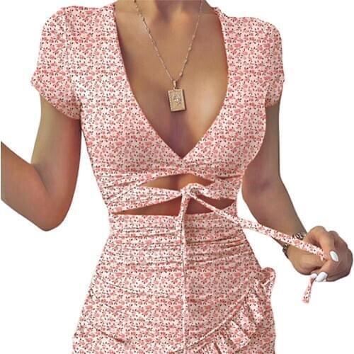 Women V-Neck Short Sleeve Lace Up Bohemian Floral Print Irregular Midi Dress Women V-Neck Short Sleeve Summer Bohemian Dress