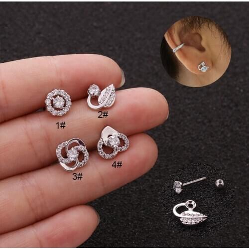 1PCS Gift Flower Leaf Crown Cz Ear Studs Helix Piercing Cartilage Earring Conch Rook Tragus Stud Labret Back Piercing Jewelry