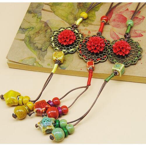 12 Pieces/Lot Charm Necklace Women Ceramic Star Shaped Beads Tassel Pendants Necklaces Ethnic Handmade Rope Knot Choker Jewelry