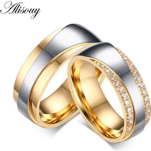 Alisouy Wedding Bands Rings for Love Luxury CZ Zirconia Gold-color Engagement Ring USA Size 5-13 ring men women lovers' ring