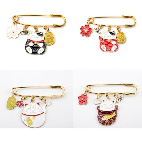 Safe-Pin Brooch Japanese Style Cat Sakura Flower Money Pendant Enamel Pin for Backpack Bags Collar Badge Gifts Lapel Pin Jewelry