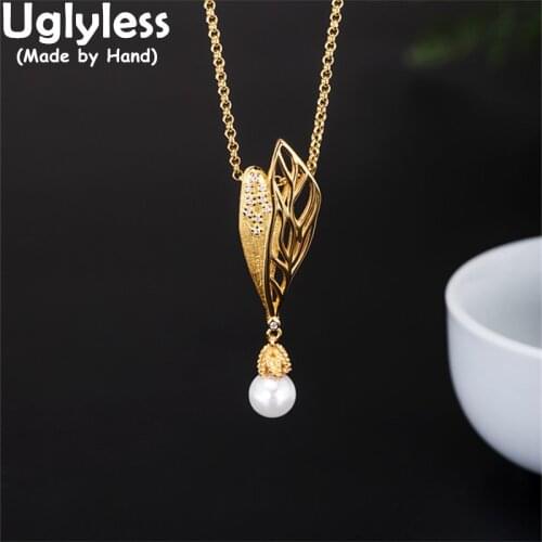 Uglyless Hollow Leaves Pendants Necklaces for Women Natural Freshwater Pearls Necklace NO Chain 925 Sterling Silver Leaf Jewelry