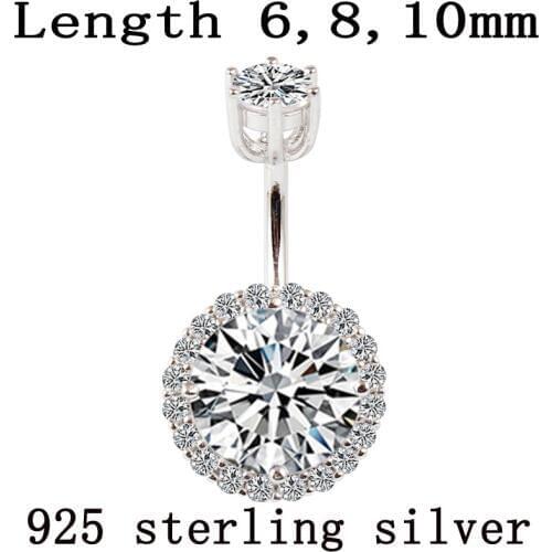 Belly button ring real 925 sterling silver body piercing fine jewelry round zircon not allergic pin length 6 8 10 mm 925 silver