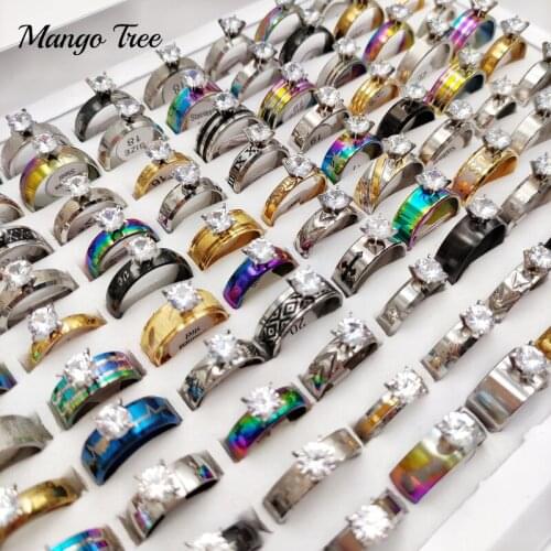 50Pcs/Lot Luxuriou Big Crystal Rings Stainless Steel Zircon Rhinestone Jewelry Engagement Gift Party Wedding Band for Man Women