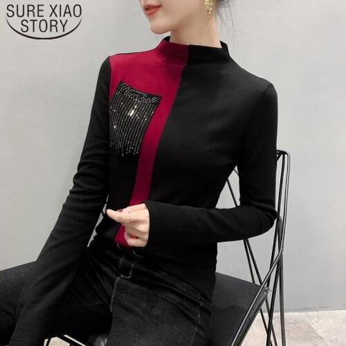 Korean Slim Long Sleeve Shirt Women Blusas Mujer De Moda 2021 Fashion Office Lady Tops Casual O-neck Diamond Tops 7840 50