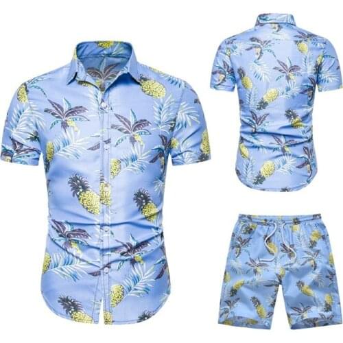 Men Pineapple Printed Short Sleeve Shirt and Short Set Summer Hawaiian Beach 2 Pieces Set
