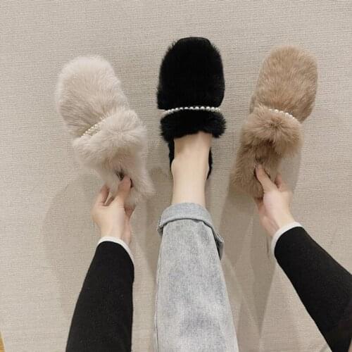 Beads Mink fur mules women warm plush slippers thick heels square toe winter cotton shoes woman cover toe furry slides mujer2021