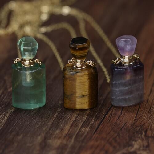 Natural Stone Perfume Bottle Necklace Cylindrical Semi-Precious Pendant Charms For Elegant Women Love Romantic Gift 60 CM