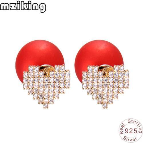 Mziking New Cubic Zircon Heart Earrings s925 Sterling Stud Earrings Imiteted Pearl Earing Brincos for Friends Wedding Jewelry