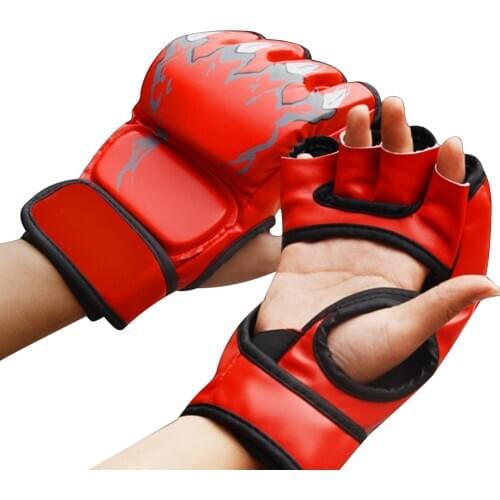 1 Pair Printing Thickened Sports Leather MMA Fighting Kick Boxing Gloves Muay Thai Sanda Training Half Finger Gloves