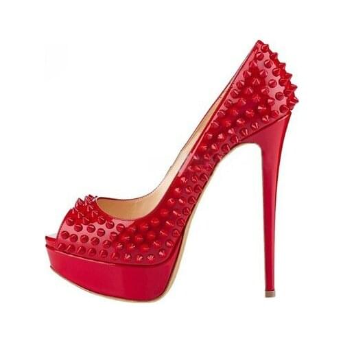 Sexy Red Rivets Studs Party Wedding Shoes Woman Peep Toe Platform Super High Heels Pumps Patent Leather Dress Heels