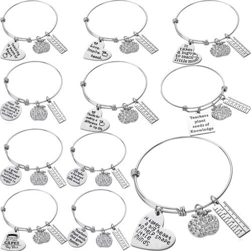Stainless Steel Teacher Gift Apple Heart Rule Pendant Bangle Charm Bracelet Teachers Day Jewelry Appreciation Thank You Fashion