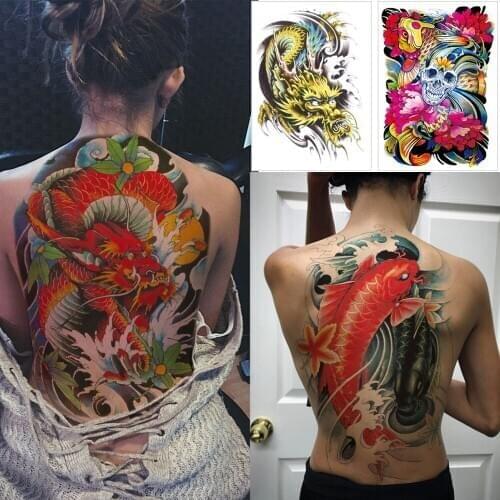Full back large temporary tattoo stickers Koi Skull Watercolor body tattoos Dragon snake Big tattoo on back for women