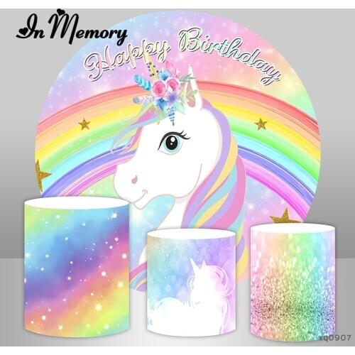 Rainbow Unicorn Party Round Backdrops For Photography Bokeh Girls Birthday Circle Backgrounds Photo Studio Plinth Covers