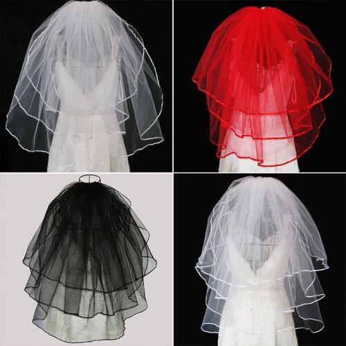 Three-Layer Bridal Wedding Veils With Comb White Ivory Red Black Veil Ribbon Edge Wedding Veil For The Bride Acessorios Noiva