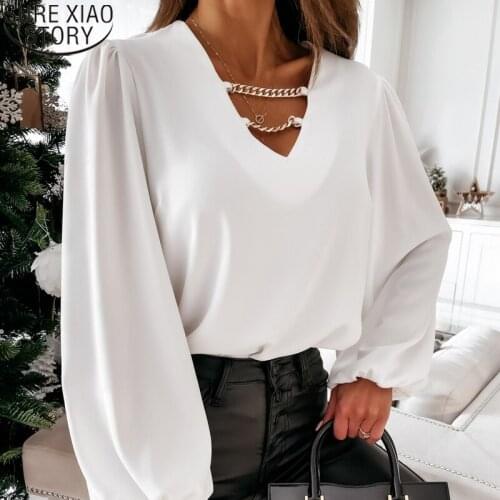 Elegant Chain V-neck Chiffon Blouse Spring Autumn Fashion Long Sleeve Shirt Sexy Hollow Out Pullover Tops Women Blusas 12829