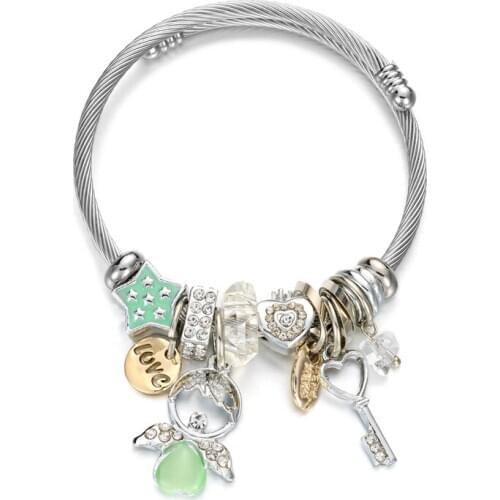 Bohemian Angel Key Bracelets & Banglets For Women New Fashion Silver Heart Crystal Sequins Letters Bracelet Female Charm Jewelry