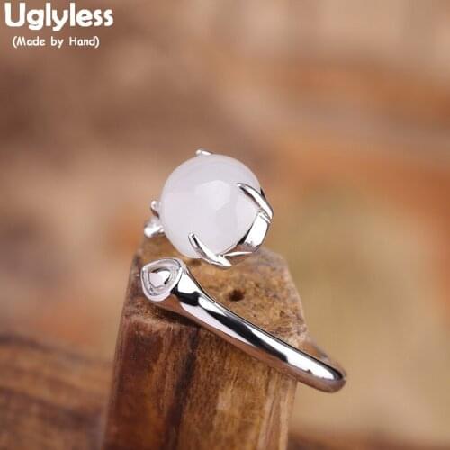 Uglyless Solid 925 Sterling Silver Leaf Open Rings for Women Nature Jade Oval Gemstones Elegant Dress Jewelry Silver Bijoux R914