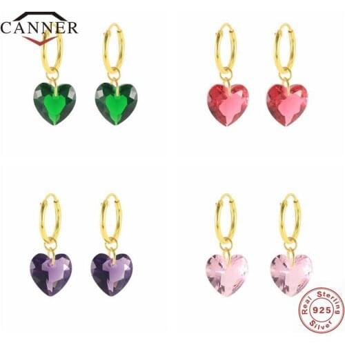 CANNER 925 Sterling Silver Heart Colored Crystal Pendant Drop Earrings for Women Cartilage Piercing Dangle Earring Fine Jewelry