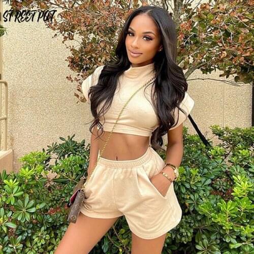 Casual Sportswear Shorts Sets Women Tracksuit Summer Solid Crop Top + High Waist Shorts Outfits Two Piece Set Streetpat