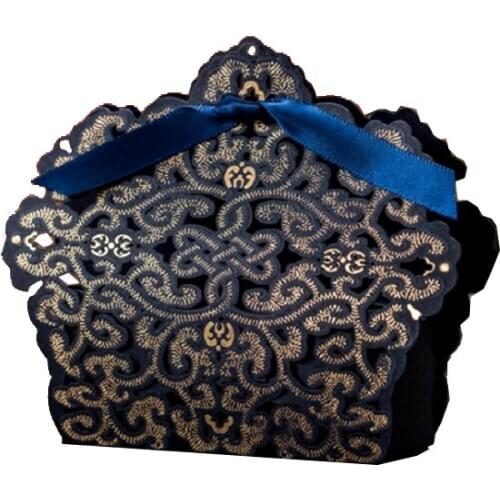 50pcs Navy Blue Candy Favor box, Blue gold foiling gift box Lace Hollow Business Party Favor Candy Boxes, Wedding Favor Gift Box