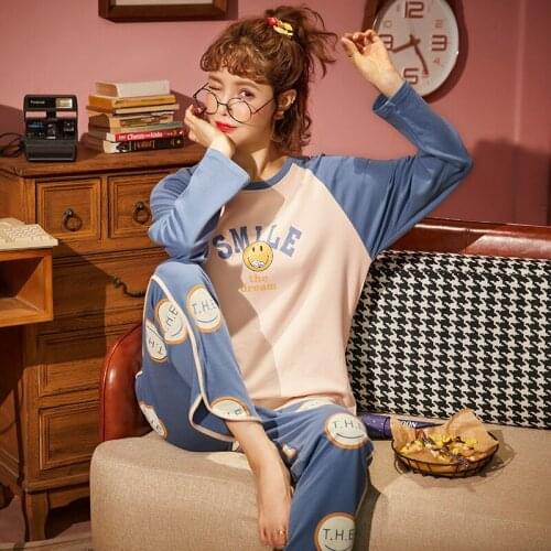 6535Cotto Casual Pullover Long Sleeve Trousers Pajama Jammies Autumn Winter Girl Lady Womens O-Neck Sleepwear Pyjamas M-5XL hde