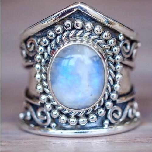 Antique Silver Plated Geometric Shape with Oval Moon Stone Finger Ring for Anniversary Gift Jewelry