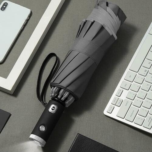 Automatic Umbrella With Reflective Stripe Reverse Led Light Umbrella Three Folding Inverted 10 Ribs Windproof Umbrellas Travel