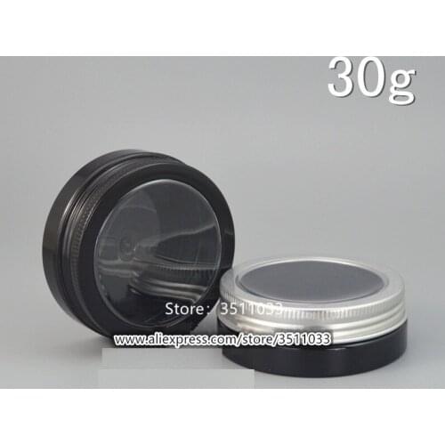 50pcs 30ML High Quality Plastic Black Jar Screw View Cap Cans Tin 30G Cosmetics Cream Jar Silver Black Aluminum Window Lid