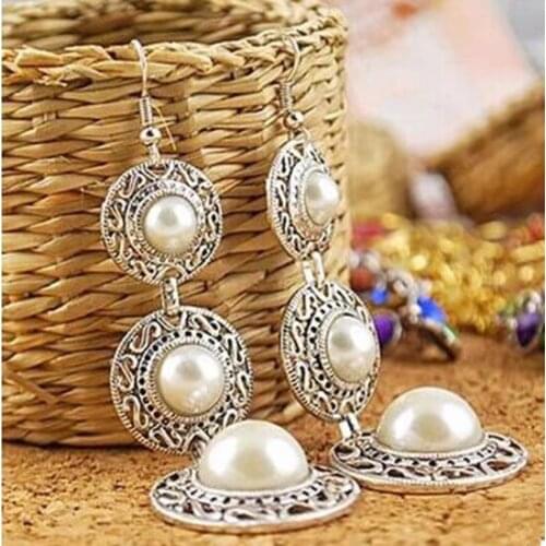 Ea341 2018 hot sale Vintage Ethnic Style Alloy Imitation Pearls Three-layer Geometric Round hat Earrings Female charm jewelry