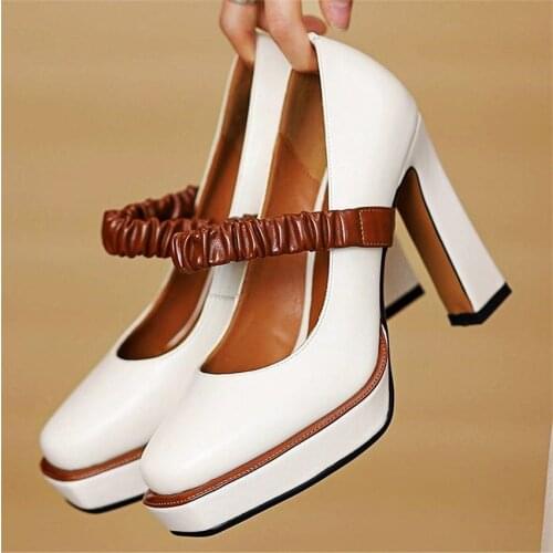 Elegant Womens Cow Leather Platform High Heels Party Pumps Block Wedding Nightclub Shoes 34 35 36 37 38 39